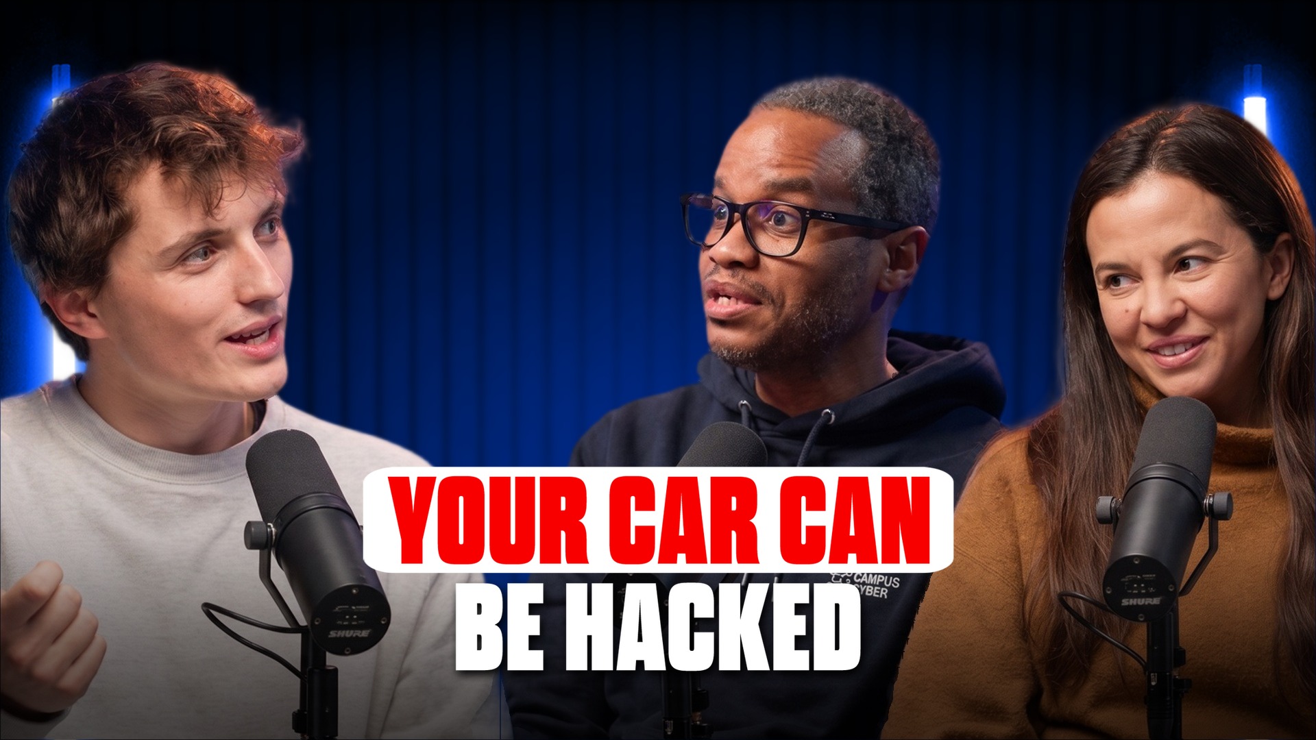 Miniature podcast tech en anglais, bandeau rose : « your car can be hacked »