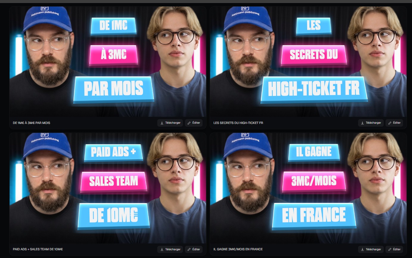 La page de variantes thumbpod : quatre miniatures du même épisode, chacune avec une accroche différente